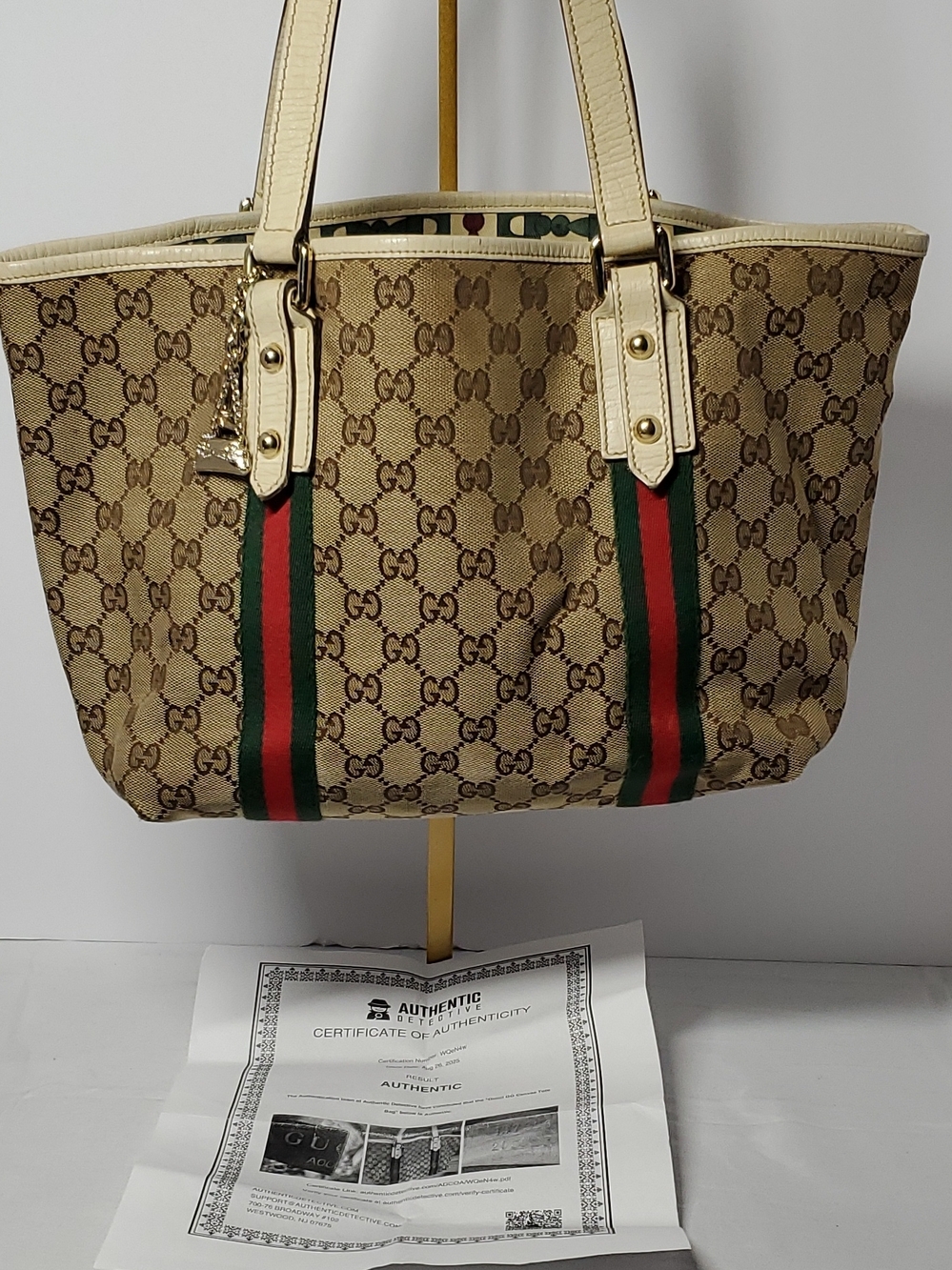 Gucci Beige GG Canvas Tote with Green and Red Web Stripe and Cream Trim - Picture 1 of 16